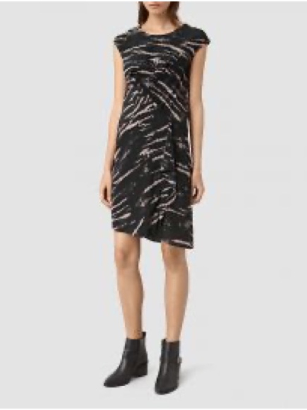 All Saints Tie Dye Silk Asymmetrical Sheath Dress Black and Grey, size 0